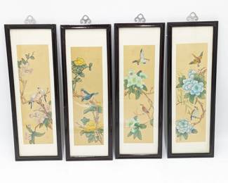 Set of Four Framed Chinese Painted Fabric Art - 5.5w x 15.75h