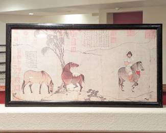 Framed Chinese Lithograph Horses and Rider - 34w x 18h