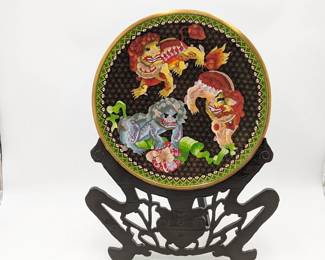 Large Chinese Cloisonne Enameled Plate with Stand - 15w (plate) 17w x 22h (with stand)
