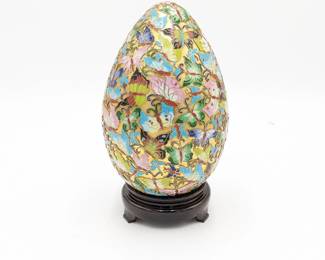 Large Chinese Cloisonne Enameled Metal Egg with Stand - 7w x 10h