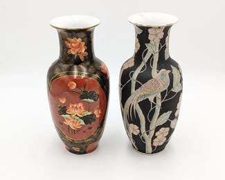 Black, Red and Gold Satsuma Style Vase and Matte Black and Pink Floral Vase
