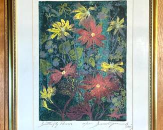 013 Butterfly Flowers, 1950s, Joseph Domjan, Hungarian, Large Color Woodblock, Signed Print