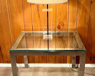 Chrome Glass Table With Lucite Lamp