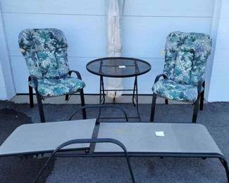 Black Wrought Iron Table Small W 2 Chairs, Umbrella And Chaiselounger