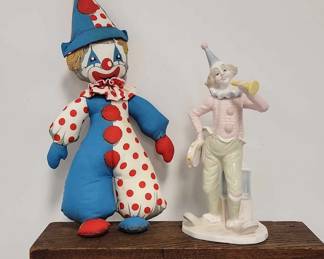 Paul Sebastion Porcelain Clown 12 Inches And Vintage Stuffed Colorful Clown