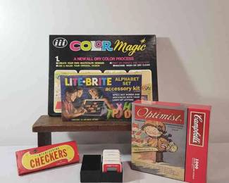 Vintage GamesLite Brite Alphabet Set, Color Magic, Campbells The Optimist Puzzle, Interlocking Checkers And Scrabble Flash