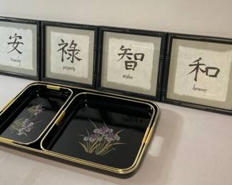 Vintage Floral Japanese Nesting Trays Four Framed Kanji Prints