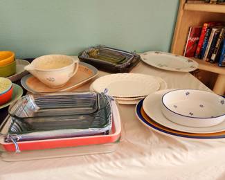 Pink pyrex , huge selection of porcelain serving platters for  holiday entertaining. Baking s
Dishes, pie dishes, silverplate tea set