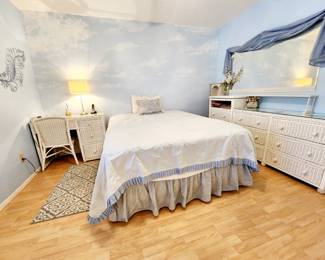 Vintage Wicker Bedroom, Desk, Chair, Dresser, Chest, Lamp and Mirror , Queen Bed