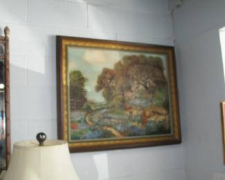 Texas blueberry  painting. Lots of moss as wll. Probably painted in southern part of East Texas. Signed by an artist who we cannot find has any sales. BUT, it is a wonderful Texas blueberry artist