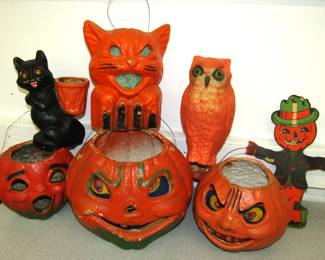Original Vintage Halloween Paper Mache Jack o' Lantern Pumpkin, Cat And Owl 