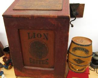 ANTIQUE LION WOODEN COFFEE BIN