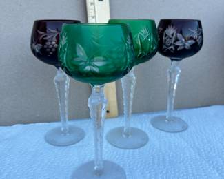 Four Colored Cut Glass Goblets $36.00