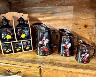 Vintage Redware Rooster Set