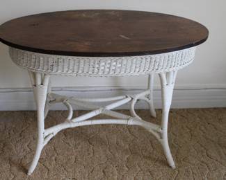 Antique Wicker Library Table w/ Wood Top