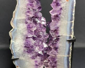 Natural Brazilian Amethyst Portal Cut Geode Slice Polished On Metal Stand, Weighs 11.47Lbs, Geode Measures 13" x 7" x 2", Height With Stand 17.25"