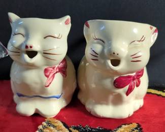 Ceramic Puss N Boots Cat Creamer Dishes, Qty 2, 5", Cat Tapestry, 20" x 40", Cat Cookie Jar, 8", Wine Goblets, Glass Cream And Sugar Dishes, And Ruffled Edge Sorbet Dish