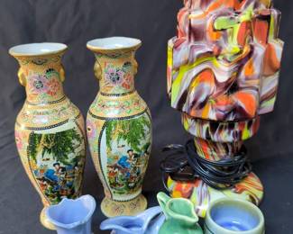 Art Deco Glass Lamp, 11", Oriental Porcelain Satsuma Vase, Qty 2, 8", Miniature Ceramic Pitchers, Qty 2, And Irish Porcelain Ceramic Shot Glass