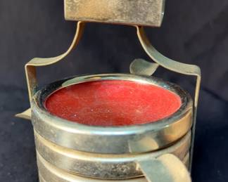 Vintage Metal Quilt Templates, Metal Stackable Ashtray Set, Hand Crafted Wood Wine/Brandy Keg With Stand, Lidded Pedestal Dish, Wood Hourglass, Vintage Okayama Oriental Box, 10" x 6", Rosina Teacup And Saucer, Toothpick Holder, And More