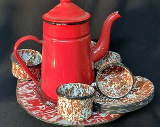 Pepsi Cola Hand Painted Metal Miniature Platter, 6.5", Pepsi Cola Wood Salt Shaker, Haviland Limoges Sake Cup And Saucers, Enamel Handled Lidded Teapot, 8.5", Enamel Cups, Qty 5, And Saucers, Fairbanks Gold Dust Mirror, And More
