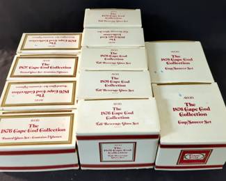 Avon The 1876 Cape Cod Collections Including Tall Beverage Glasses, Footed Glasses, And Cup/Saucer Sets, Qty 11 Sets, All In Original Boxes