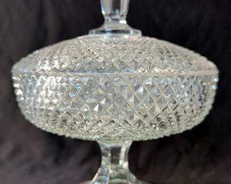 Vintage Flint Glass Lidded Pedestal Dish, 10.5", Flint Glass Dish, Teacups With Saucers, Small Cruets With Stoppers, And More