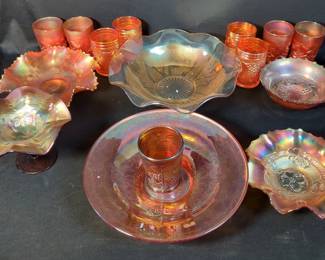 Marigold Carnival Glass Assortment Including Drinking Cups, 4", Qty 9, Bowls, Pedestal Bowl, Serving Bowl And More