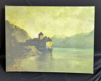 Framed Under Glass Garden Cherubs Print, 25.5" x 21.5", Frame Needs Repair, And Chateau De Chillion Print On Stretched Canvas, 18" x 24"