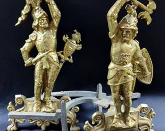Vintage Cast Brass Renaissance Soldier Fire Place Andirons, 21.5" x 19", Qty 2