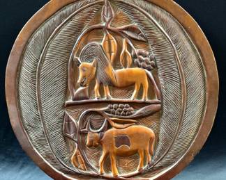 Vintage Hand Carved Wood Chess Board, 21" Diameter