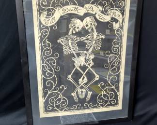 Framed "Till Death Do Us Part" Poster, 21" x 29", And 2015 Authentic Wood Block Signed Print From Artist Tom Huck, "Evil Print", 7.5" x 7.5"