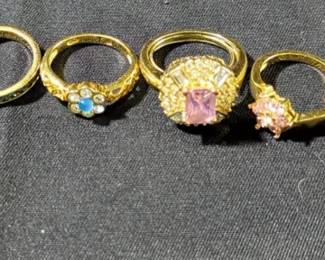 Gold Toned Rings With Colored Stones, Size 8, Qty 7, And Adjustable Rings, Qty 2