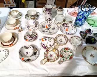 VINTAGE TEA BAG STRAINERS, CUPS, VIOLET PAINTED PORCELAINS, DEPRESSION GLASS