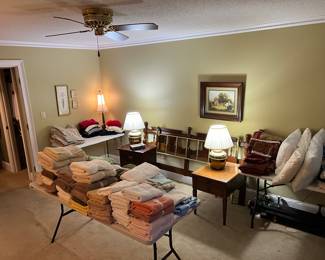 Headboards - king and double; bath linens; pillows; lamps; men's and women's clothing