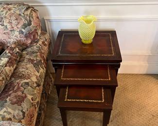 Nesting tables and uranium glass vase
