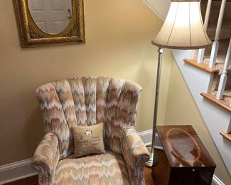Scallop-back chair; floor lamp