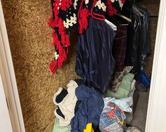 Red and black afghan, toys, quilts