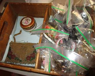 Antique beaded bag, bagged lots and antique limoges box with mirror