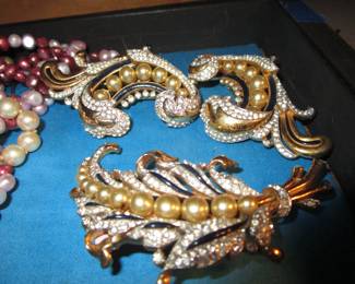 Trifari shoe clips and brooch