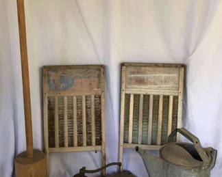 2 Old Washoards Watering Can Primitive Vegetable Masher and Mounted Castiron Grinder