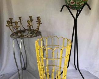 3 Iron Garden Sculptures, Plant Stands and A Brass Candelabra