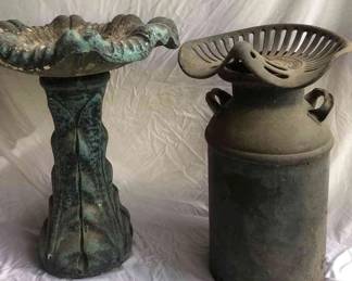 Antique Cast Iron Tractor Seat on a Milk Can Stool Cement Bird Bath