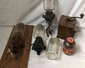 Antique Coffee Granders IronGlass, Wood Hand and Coffee Jars  Canisters