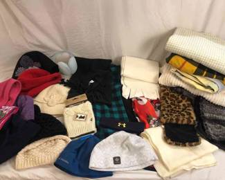 Assortment of Winter Hats, Scarves and Throw Blankets