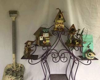 Bird House Collection, Metal Shelving and Hand Painted Shovel