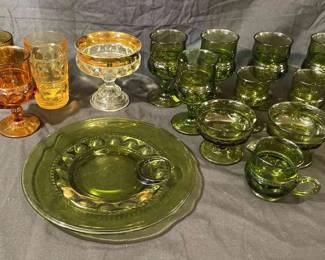 Kings Crown Thumbprint Green  Yellow Glassware