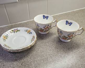 Teacup Saucer Aynsley Cottage Garden Blue Butterfly Orange Gold Trim Rim