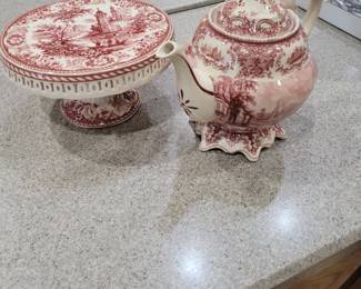 Red Transferware Castle Willow Pedestal Cake Plate and Teapot