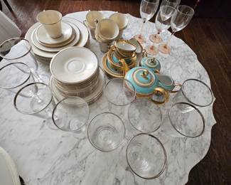 Lenox Moonspun China set, blue oriental set, crystal goblets and wine glasses, marble coffee table 