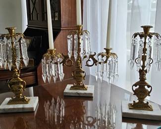 Vintage brass candelabra with marble base, 2 brass candle holders with marble base